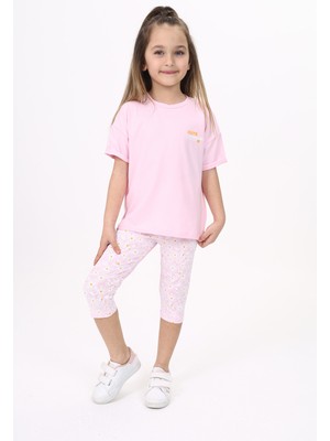Toontoy Kız Çocuk 2'li Takım Baskılı Bisiklet Yaka T-Shirt & Beli Lastikli Crop Tayt