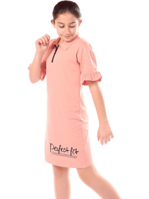 Toontoy Kız Çocuk Baskılı Regular Fit Gömlek Yaka Fermuarlı Kısa Kollu Elbise - Yırtmaç Detaylı &