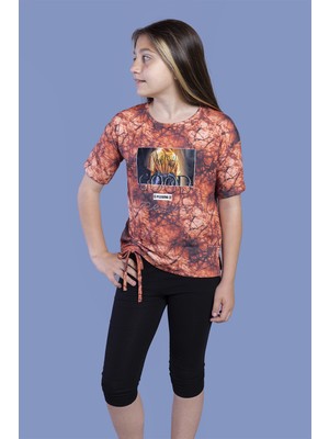 Toontoy Kız Çocuk 2'li Takım Baskılı Bisiklet Yaka T-Shirt & Basic Düz Tayt - Yırtmaç Detaylı - Bağcıklı