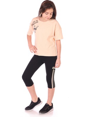 Toontoy Kız Çocuk 2'li Takım Baskılı Bisiklet Yaka T-Shirt & Beli Lastikli Crop Tayt