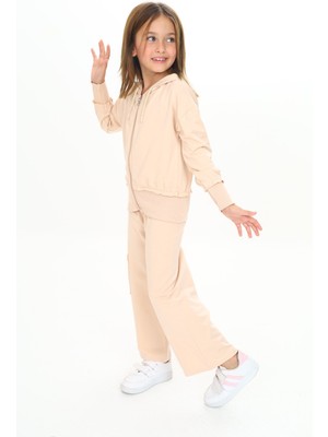 Toontoy Kız Çocuk 2'li Takım Kapüşonlu Fermuarlı Sweatshirt & Beli Lastikli Bol Paça Cepli Eşofman Altı - 2 Iplik