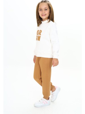 Toontoy Kız Çocuk 2'li Takım Baskılı Dik Yaka Sweatshirt & Beli Paçası Lastikli Jogger Eşofman Altı - Renk Bloklu & 3 Iplik Şardonlu