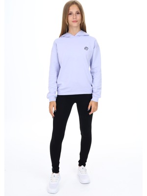 Toontoy Kız Çocuk 2'li Takım Baskılı Kapüşonlu Düşük Omuz Sweatshirt & Basic Düz Tayt
