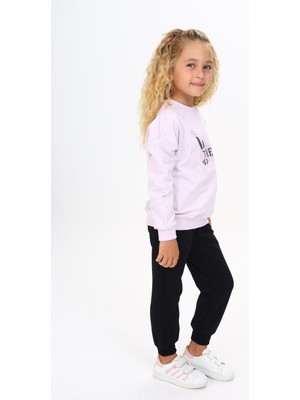 Toontoy Kız Çocuk 2'li Takım Baskılı Bisiklet Yaka Ribanalı Sweatshirt & Beli Paçası Lastikli Jogger Eşofman Altı - TK24212