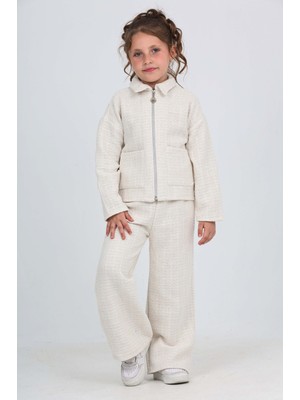 Toontoy Kız Çocuk 2'li Takım Gömlek Yaka Fermuarlı Cepli Sweatshirt & Beli Lastikli Bol Paça Eşofman Altı - Dokuma Şanel Tuvit Chanel