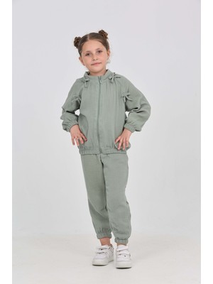 Toontoy Kız Çocuk 2'li Takım Dik Yaka Fermuarlı Reglan Kol Sweatshirt & Beli Paçası Lastikli Jogger Eşofman Altı - Fiyonk Detaylı & Dokuma Müslin
