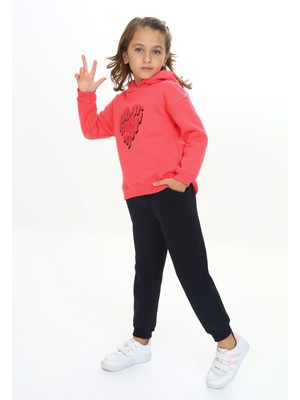 Toontoy Kız Çocuk 2'li Takım Baskılı Kapüşonlu Sweatshirt & Beli Paçası Lastikli Jogger Eşofman Altı - Renk Bloklu & 3 Iplik Şardonlu