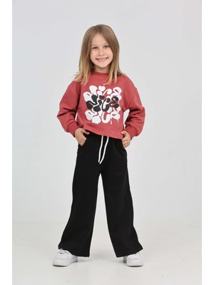 Toontoy Kız Çocuk 2'li Takım Baskılı Bisiklet Yaka Sweatshirt & Beli Lastikli Cepli Bol Paça Eşofman Altı - Renk Bloklu & 2 Iplik