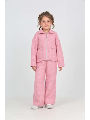Toontoy Kız Çocuk 2'li Takım Gömlek Yaka Fermuarlı Cepli Sweatshirt & Beli Lastikli Bol Paça Eşofman Altı - Dokuma Şanel Tuvit Chanel