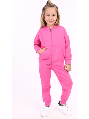 Toontoy Kız Çocuk 2'li Takım Kolej Yaka Fermuarlı Cepli Sweatshirt & Beli Paçası Ribanalı Cepli Jogger Eşofman Altı - 2 Iplik