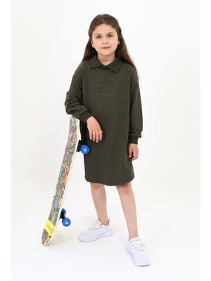 Toontoy Kız Çocuk Baskılı Oversize Polo Yaka Uzun Kollu Elbise