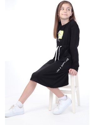 Toontoy Kız Çocuk Baskılı Relax Fit Bisiklet Yaka Uzun Kollu Bağcıklı Elbise -