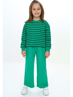 Toontoy Kız Çocuk 2'li Takım Çizgili Bisiklet Yaka Yırtmaçlı Sweatshirt & Beli Lastikli Bol Paça Eşofman Altı - 2 Iplik