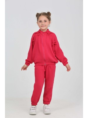 Toontoy Kız Çocuk 2'li Takım Dik Yaka Fermuarlı Reglan Kol Sweatshirt & Beli Paçası Lastikli Jogger Eşofman Altı - Fiyonk Detaylı & Dokuma Müslin