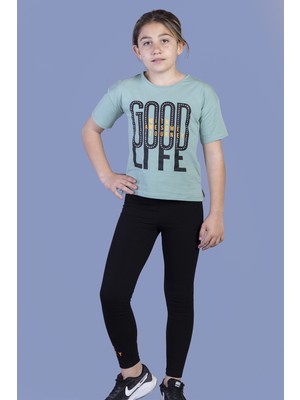 Toontoy Kız Çocuk 2'li Takım Baskılı Bisiklet Yaka T-Shirt & Basic Düz Tayt