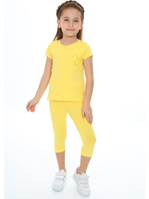 Toontoy Kız Çocuk 2'li Takım Baskılı Bisiklet Yaka T-Shirt & Beli Lastikli Crop Tayt