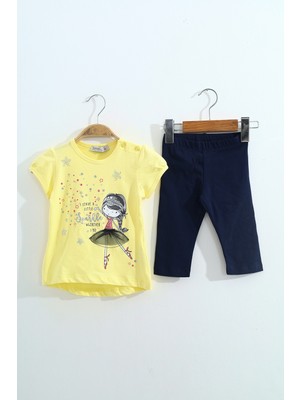 Toontoy Kız Çocuk 2'li Takım Baskılı Bisiklet Yaka T-Shirt & Beli Lastikli Kapri Şort