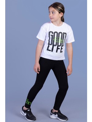 Toontoy Kız Çocuk 2'li Takım Baskılı Bisiklet Yaka T-Shirt & Basic Düz Tayt