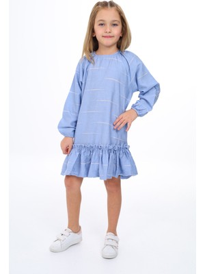 Toontoy Kız Çocuk Baskılı Relax Fit Bisiklet Yaka Reglan Uzun Kollu Volanlı Elbise -