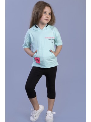 Toontoy Kız Çocuk 2'li Takım Baskılı Kapüşonlu Cepli Kısa Kollu Yırtmaçlı Sweatshirt & Basic Düz Crop Tayt