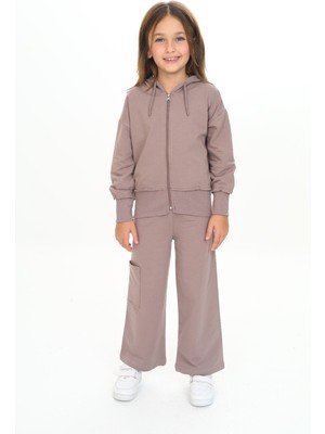 Toontoy Kız Çocuk 2'li Takım Kapüşonlu Fermuarlı Sweatshirt & Beli Lastikli Bol Paça Cepli Eşofman Altı - 2 Iplik