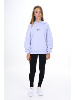 Toontoy Kız Çocuk 2'li Takım Baskılı Kapüşonlu Düşük Omuz Sweatshirt & Basic Düz Tayt