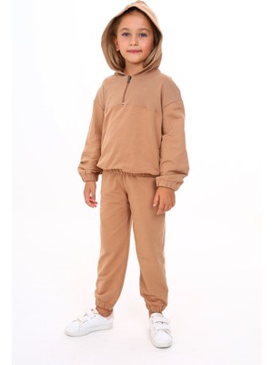 Toontoy Kız Çocuk 2'li Takım Kapüşonlu Yarım Fermuarlı Sweatshirt & Beli Paçası Lastikli Cepli Jogger Eşofman Altı - TK24214