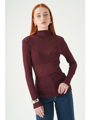 Rays Bordo Dik Yaka Uzun Kol Bluz 251131