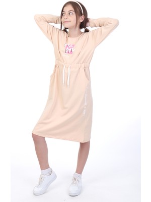 Toontoy Kız Çocuk Baskılı Relax Fit Bisiklet Yaka Uzun Kollu Bağcıklı Elbise -