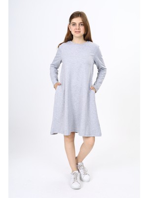 Toontoy Kız Çocuk Baskılı Oversize Bisiklet Yaka Uzun Kollu Cepli Elbise -