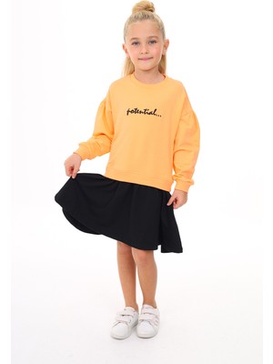 Toontoy Kız Çocuk Baskılı Relax Fit Bisiklet Yaka Uzun Kollu Elbise - Renk Bloklu - TK24346