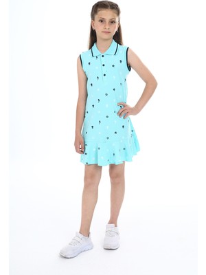 Toontoy Kız Çocuk Baskılı Regular Fit Polo Yaka Düğmeli Kolsuz Elbise