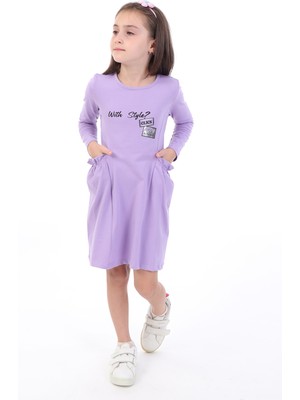 Toontoy Kız Çocuk Baskılı Relax Fit Bisiklet Yaka Uzun Kollu Cepli Elbise -