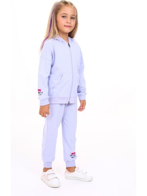 Toontoy Kız Çocuk 2'li Takım Baskılı Kapüşonlu Fermuarlı Cepli Sweatshirt & Beli Paçası Lastikli Jogger Eşofman Altı - 2 Iplik