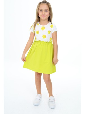 Toontoy Kız Çocuk Baskılı Regular Fit Bisiklet Yaka Kısa Kollu Elbise - Renk Bloklu
