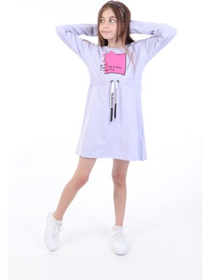 Toontoy Kız Çocuk Baskılı Relax Fit Bisiklet Yaka Uzun Kollu Bağcıklı Elbise -