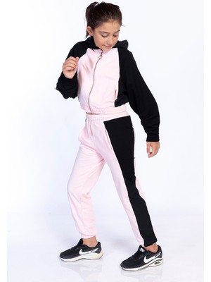 Toontoy Kız Çocuk 2'li Takım Kapüşonlu Fermuarlı Sweatshirt & Beli Paçası Lastikli Cepli Jogger Eşofman Altı - Renk Bloklu & 2 Iplik