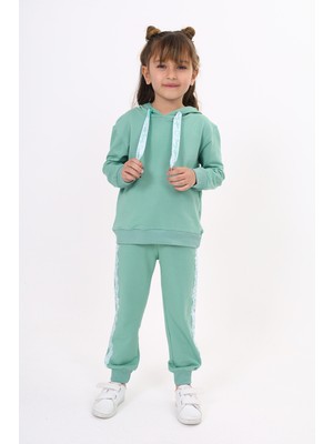 Toontoy Kız Çocuk 2'li Takım Kapüşonlu Sweatshirt & Beli Paçası Lastikli Cepli Jogger Eşofman Altı - Şerit Detaylı & 2 Iplik