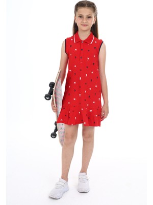 Toontoy Kız Çocuk Baskılı Regular Fit Polo Yaka Düğmeli Kolsuz Elbise