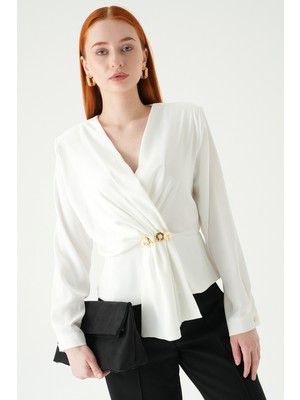 Rays Ekru Kruvaze Yaka Taş Toka Detaylı Uzun Kollu Kadın Bluz 251279