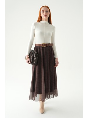Rays Kahve Kemerli Şifon Etek 8458A