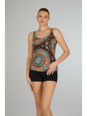 Estiva Kadın Mangala Desenli Siyah Emprime Şortlu Tankini