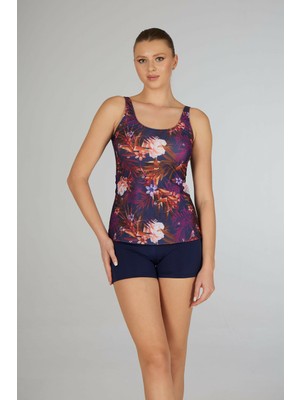 Estiva Kadın Çiçek Desenli Lacivert Emprime Şortlu Tankini