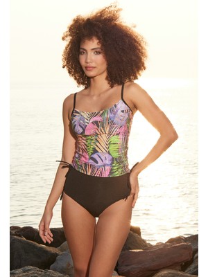 Estiva Kadın Tropikal Desenli Kahverengi Emprime Şortlu Ince Askılı Tankini