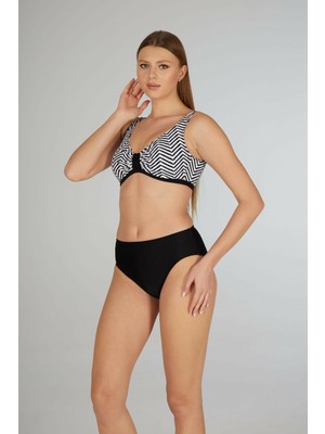Estiva Kadın Çizgi Desenli Siyah Toparlayıcı Emprime Battal Beden Bikini Takımı