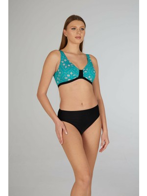 Estiva Kadın Kare Desenli Siyah Toparlayıcı Emprime Battal Beden Bikini Takımı