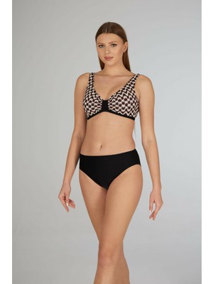 Estiva Kadın Dalga Desenli Siyah Toparlayıcı Emprime Battal Beden Bikini Takımı