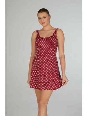Estiva Kadın Puantiyeli Kırmızı Emprime Tek Parça Elbise Mayo