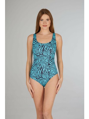 Estiva Kadın Dalga Desenli Mavi U Yaka Emprime Tek Parça Mayo