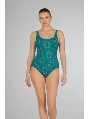 Estiva Kadın Kare Desenli Turkuaz U Yaka Emprime Tek Parça Mayo